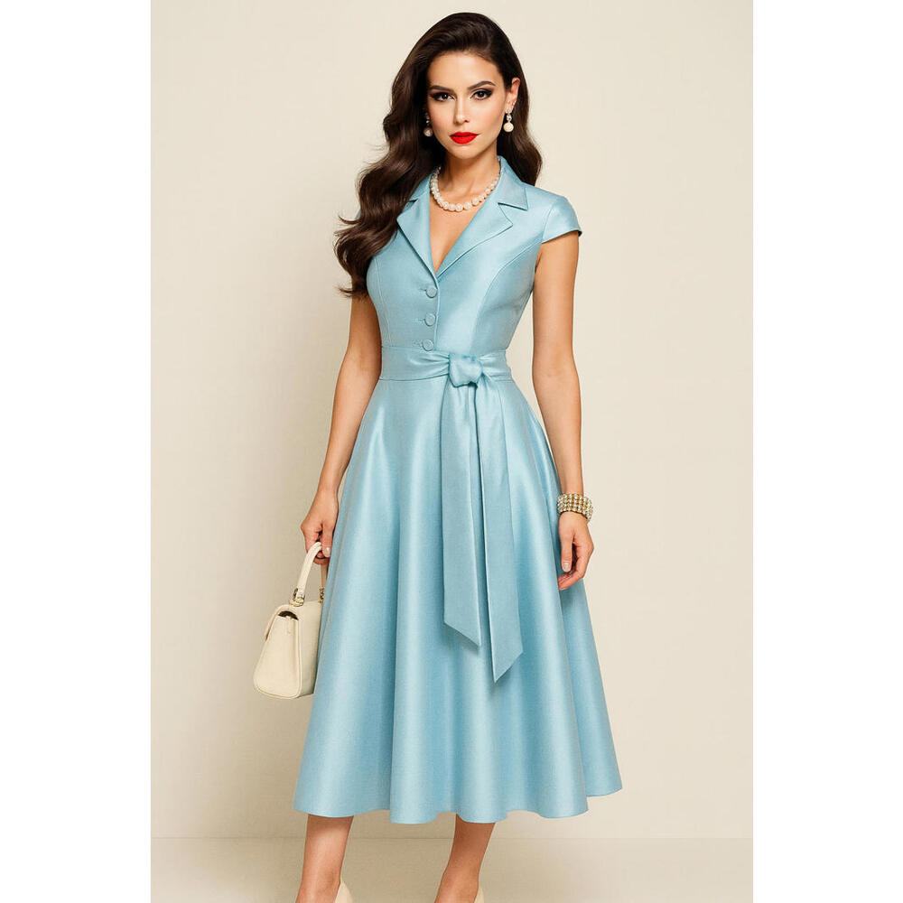 Badgley Mischka Belted Cap-Sleeve Pique Shirtdress $440 Hydra Blue Modest sz 2